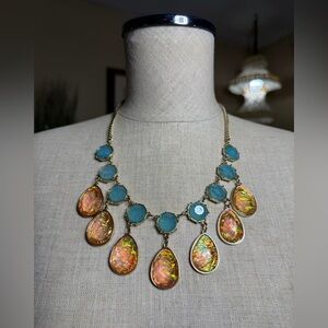 Charming Charlie Blue & Iridescent Orange Teardrop Statement Bib Necklace
